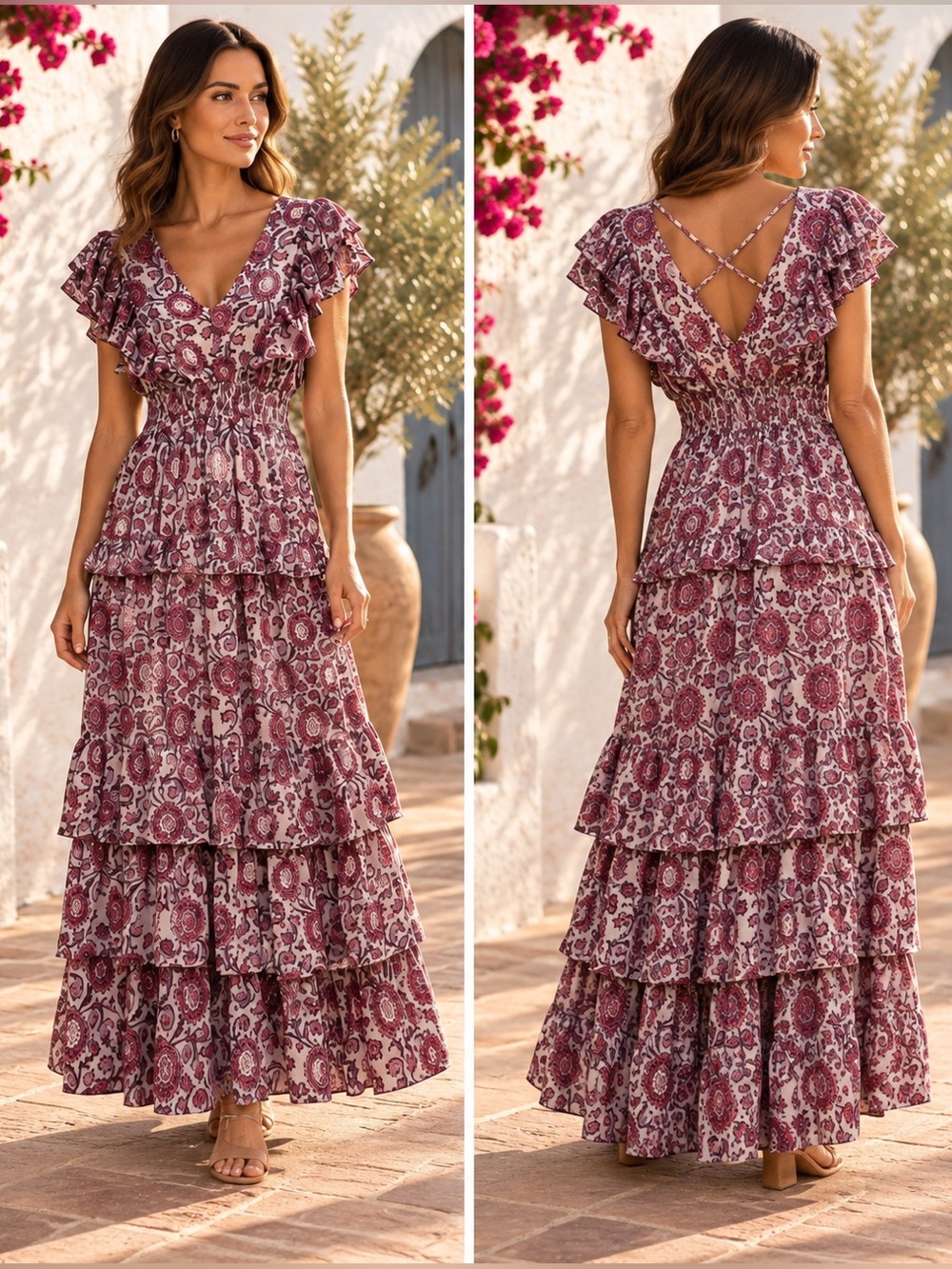 Aqua Paisley Tiered Maxi Dress Boho Ruffle Sleeve Size Small